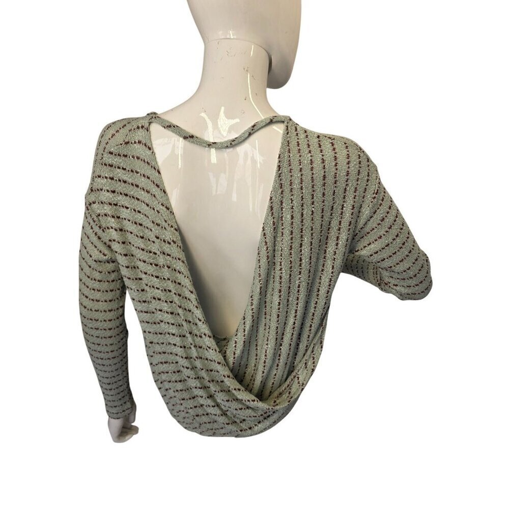 Free People Slouchy Open Back Draped Top Sz S Green Wine Stripe Long Sleeve
